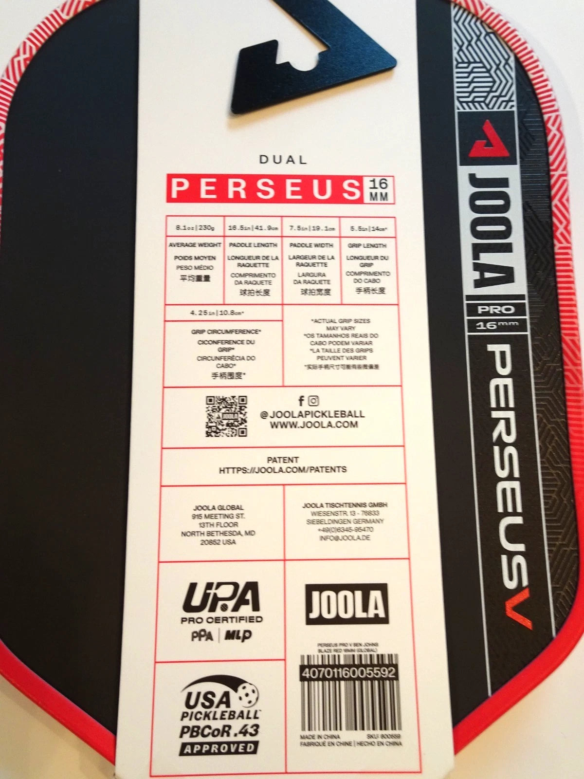 Joola Ben Johns Perseus Pro V 16mm Pickleball Paddle Red New + Free Shipping