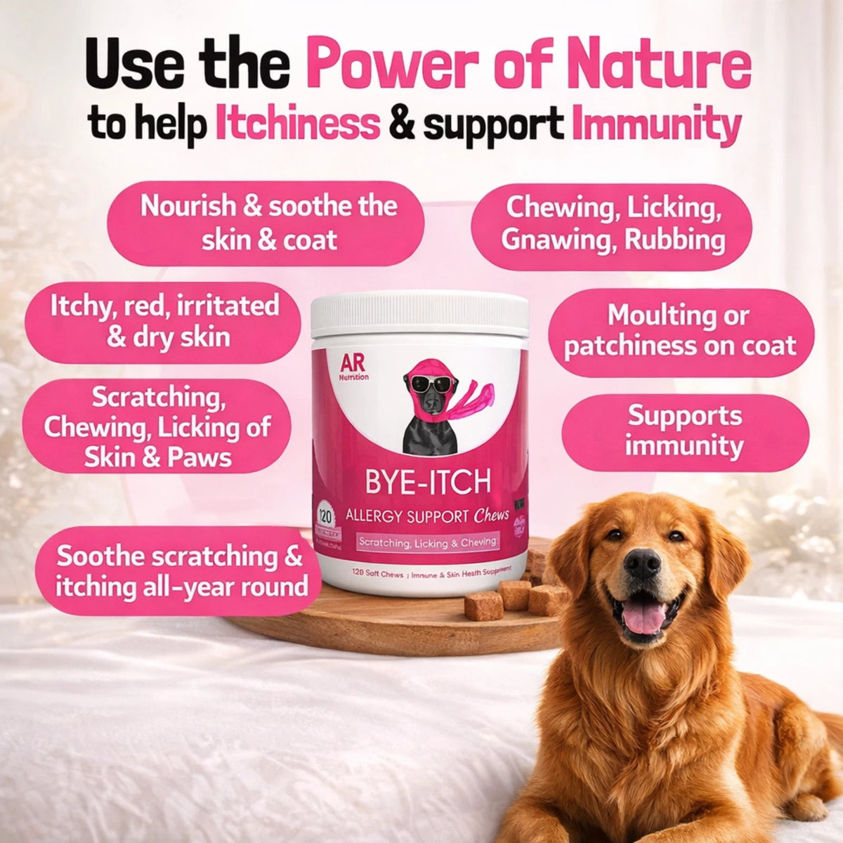 BYE-Itch Immunity Treats For Dogs - 120 Chews to Soothe Itchy Paws, Eyes, Ears & Skin - 360g